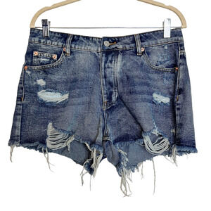Signature Eight Womens Denim Cutoff Shorts Large Blue Distressed Button Fly